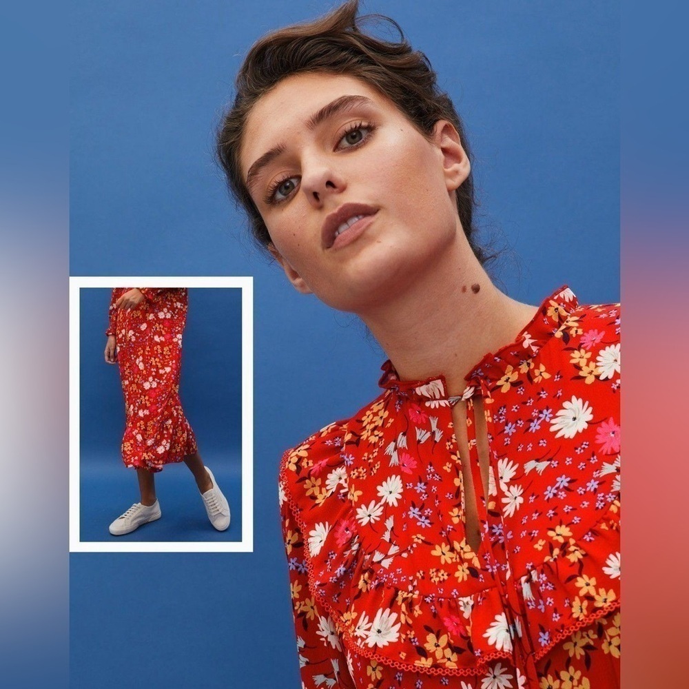 Oliver Bonas Floral Print & Frilled Bib Trim Red Midi Dress 2 EE29 - Picture 3 of 16